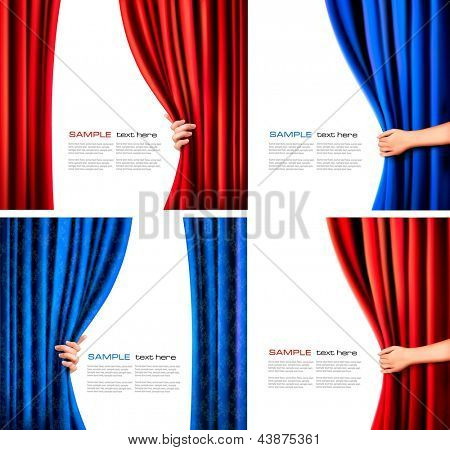 Set of backgrounds with red and blue velvet curtain and hand. Vector illustration.