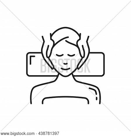 Face Massage Salon Procedure In Spa Isolated Outline Icon. Vector Facial Care At Cosmetologist Bed. 