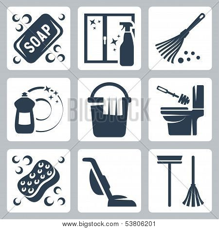 Vector Cleaning Icons Set: Soap, Window Cleaner, Duster, Dishwashing Liquid, Bucket And Cloth, Toile