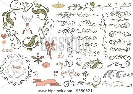 Doodles border,brushes,decor.Colored Floral sketched