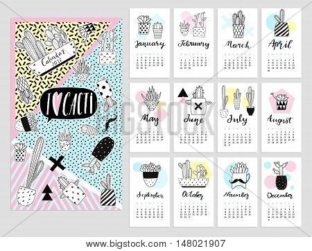 Calendar 2017 with cute quirky cartoon cacti stickers illustrations. Vector calendar set with cactus succulents in minimalistic geometric scandinavian style and trendy colors. Poster card template