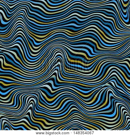 Wavy vivid striped vector background. Bright colorful pattern on black. Deformed distorted space. Abstract curved lines. Vector illustration for your design. Eps10