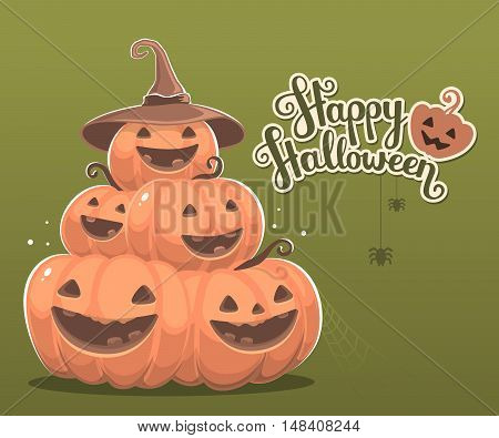 Vector Halloween Illustration Of Pile Of Decorative Orange Pumpkins With Eyes, Smiles, Spiders, Web