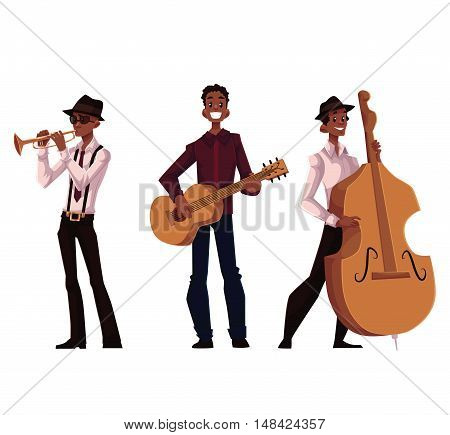 Set of handsome African male trumpet, guitar and contrabass players, cartoon vector illustration isolated on white background. Set of full height portraits of African American male musicians