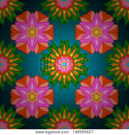 Seamless floral mandala pattern in pink green on blue background.