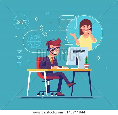 Happy male helpline operator with headset consulting a client. Online global tech support 24 7. Operator and customer. Technical support concept. Vector illustration in flat design.