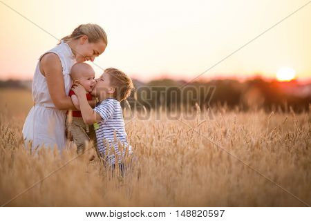 Happy family enjoying sunset in wheat field. Beautiful young woman with adorable baby boy and kid boy. Mother hugging her two children on a meadow on a sunny evening. Mom and sons. Outdoors.