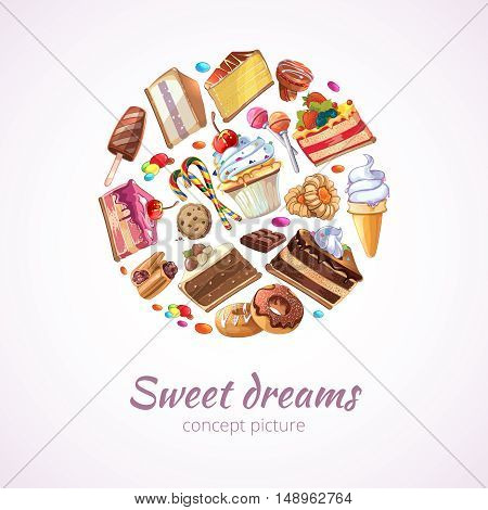 Abstract sweets vector background. Sweet food, candy dessert sweet food, sweet ice cream and caramel food, sweet lollipop illustration