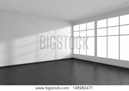 Black and white empty room with black hardwood parquet floor big window and white walls with sunlight from window minimalist interior 3d illustration