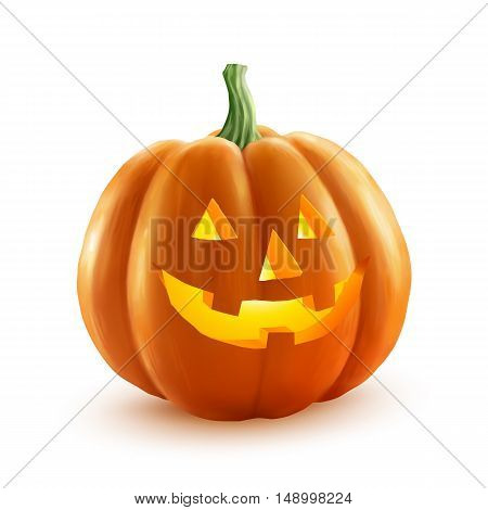 Realistic vector Halloween pumpkin with candle inside. Happy face Halloween pumpkin isolated on white background.