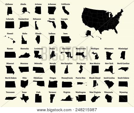 Outline Map Of The United States Of America. 50 States Of The Usa. Us Map With State Borders. Silhou