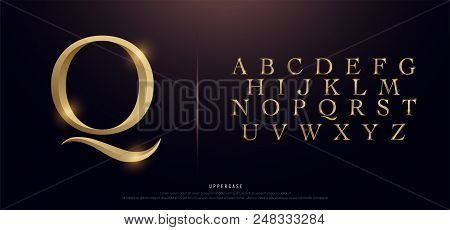 Set Of Elegant Gold Colored Metal Chrome Uppercase Alphabet Font. Typography Classic Style Golden Fo