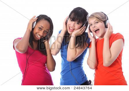 Teenage Girls Singing To Music On Mobile Phones