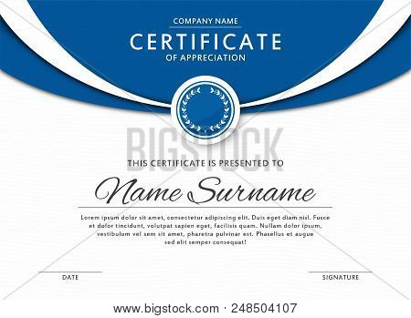 Certificate Template In Elegant Blue Color With Medal And Abstract Borders, Frames. Certificate Of A