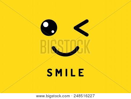 Smile And Winking. Happy Smiling Face, Funny Wink Isolated Cute Emoji On Yellow Concept Sticker Back