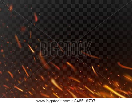 Close-up Hot Fiery Sparkles And Flame Particles Isolated Spark. Inferno Red Yellow Hell Grill Burnin