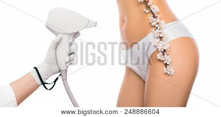 Concept Of Laser Hair Removal And Cosmetology. Cosmetologist Uses A Laser, Hair Removal On The Abdom