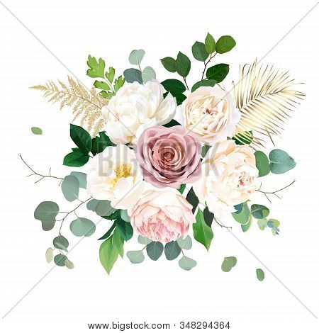 Dusty Pink Blush, White And Creamy Rose Flowers Vector Design Wedding Bouquet. Eucalyptus, Greenery.