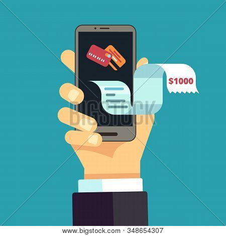 Electronic Invoice. Mobile Receipt, Online Bill. Digital Financial Expense Transfer. Vector Hand Hol