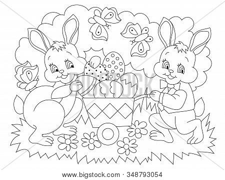 Black And White Page For Baby Coloring Book. Illustration Of Cute Rabbits Bringing Easter Eggs. Prin