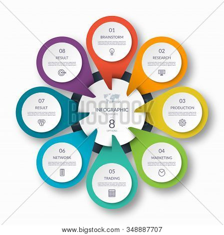 Infographic Circle Diagram Template With 8 Options. Can Be Used As A Chart, Graph, Workflow Layout, 