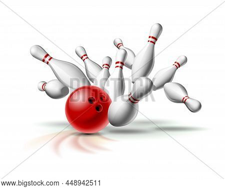 Red Bowling Ball Crashing Into The Pins. Illustration Of Bowling Strike Isolated On White Background