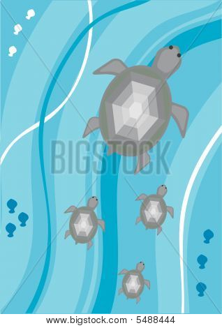 The four turtles float in depth of the sea