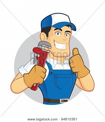 Plumber holding a pipe wrench inside circle shape