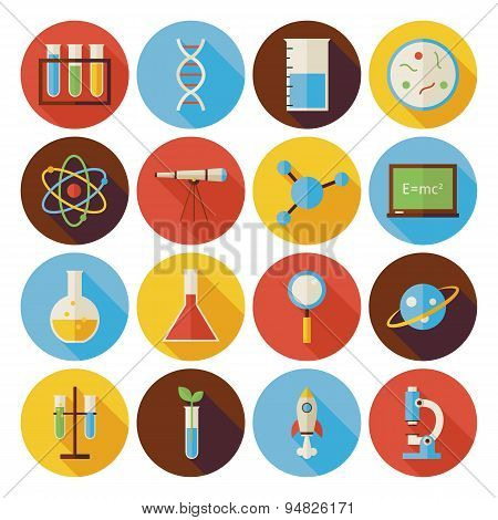 Flat Science And Education Circle Icons Set With Long Shadow