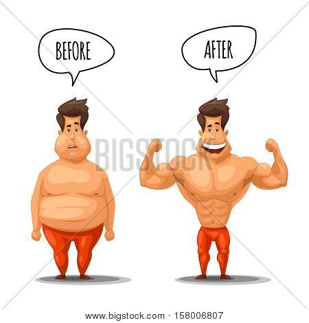 Weight loss. Man before and after diet vector illustration. Man weight loss, muscular guy after lose weight