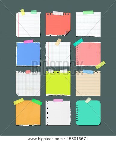 Paper banners for notes. Pieces of torn checkered and color paper sheets attached with sticky tape isolated vector illustrations set. Notebook, copybook pages used as stickers on adhesive tape