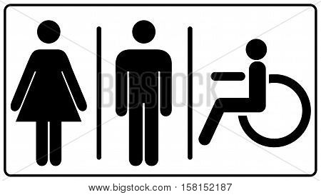 vector illustration of mens and womens disabled restroom sign - printable restroom, toilette signs, invalid icon. Vector symbols for public places, banner isolated on white, black silhouette