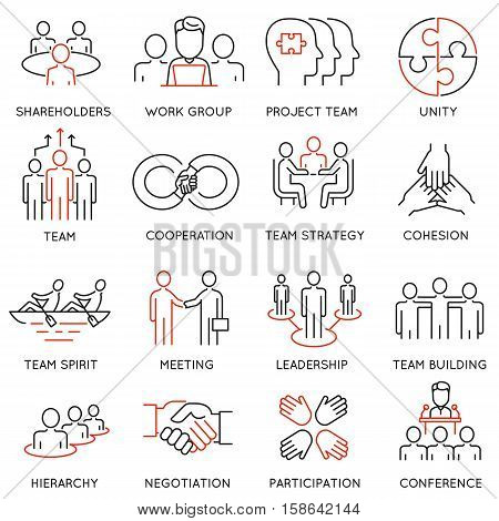 Vector set of linear icons related to business process team work and human resource management. Mono line pictograms and infographics design elements