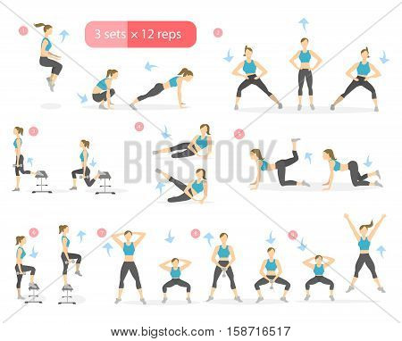 Workout girl set. Woman doing fitness and yoga exercises. Lunges and squats. Leg workout.