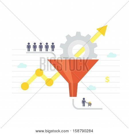 Conversion Optimization - vector illustration. Visitors enter the sales funnel. Sales Funnel and growth chart. Conversion rate optimization banner in flat style. Internet marketing conversion concept.