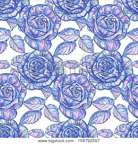 hand drawn seamless pattern of the sketches of blue and purple roses and leaves in shades of delicate in vintage style