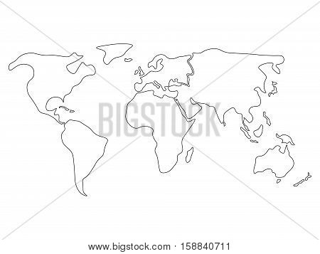 World map divided to six continents in black - North America, South America, Africa, Europe, Asia and Australia Oceania. Simplified black outline of blank vector map without labels.