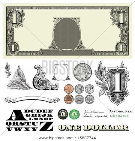 Set of detailed vector ornaments loosely based off a one dollar bill, includes vector illustrations of coins: quarter, nickel, dime, and penny