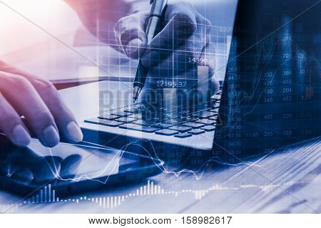 Stock Market Indicator And Financial Data View From Led. Double Exposure Financial Graph And Stock I