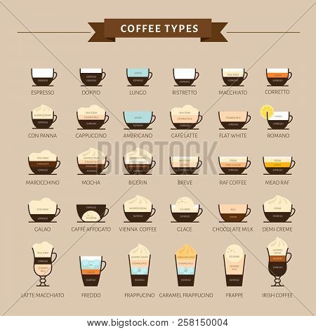 Types Of Coffee Vector Illustration. Infographic Of Coffee Types And Their Preparation. Coffee House