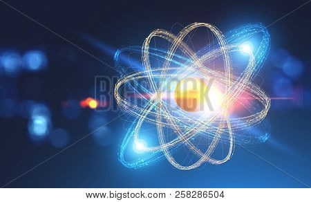 Glowing Gold And Blue Atom Model Over Blurred Dark Blue Background. Concept Of Science, Chemistry An