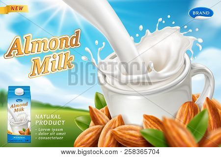 Package Design For Almond Milk Or Vegan Drink With Milky Splash At Cup, Carton Pack And Heap Of Nuts