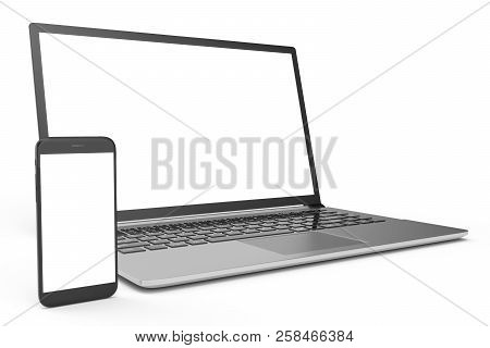 3d Illustration Desktop Computer Blank Mock Up. Glossy Laptop Computer Mock Up. Modern Computer Mock