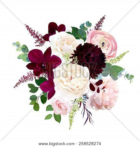 Luxury Fall Flowers Vector Bouquet. Dark Orchid, Garden Rose, Burgundy Red Dahlia, Ranunculus, Astil