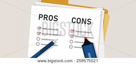 Pros Cons Concept On Decision Making Process. Listing Positive And Negative For A Solution Or Choice