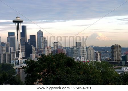 MT raineer ve seattle manzarası alacakaranlıkta