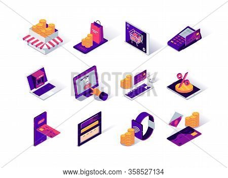 Ecommerce Platform Isometric Icons Set. Online Banking And Money Transfer, Ecommerce Website Service