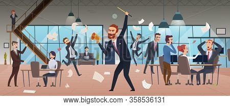 Angry Boss. Businessman Screaming In Office Chaos Deadline Stress Managers Working And Running Vecto