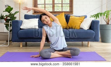 Exercise At Home, Social Distancing, Asian Girl Body Stretch For Workout Fitness, Healthy Asia Woman