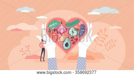 Healthy Nutrition Vector Illustration. Eat Vegetables For Good Shape And Health In Flat Tiny Persons